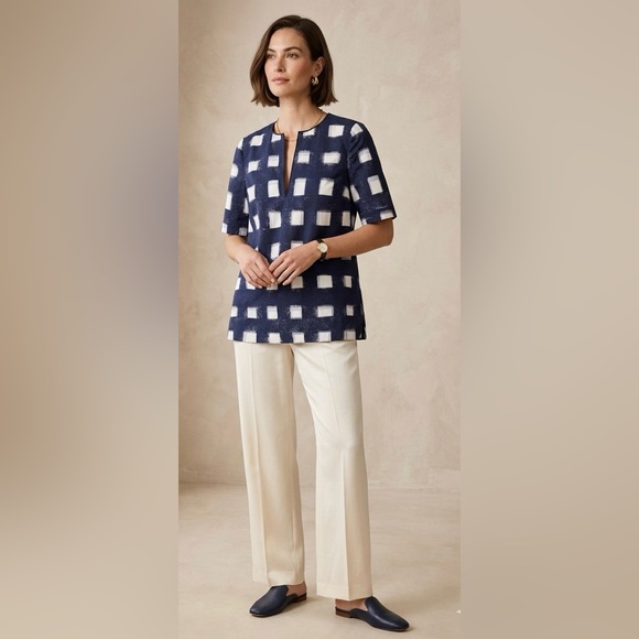 Tory Burch Tops - Tory Burch V Neck Checkered Cotton Oversized Antibes Blouse Size 2
